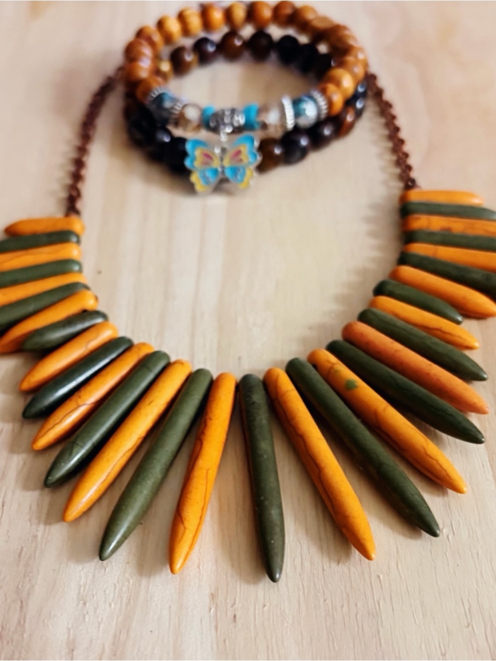 Orange and Olive wooden Spike Pendant Necklace - Women's Jewelry